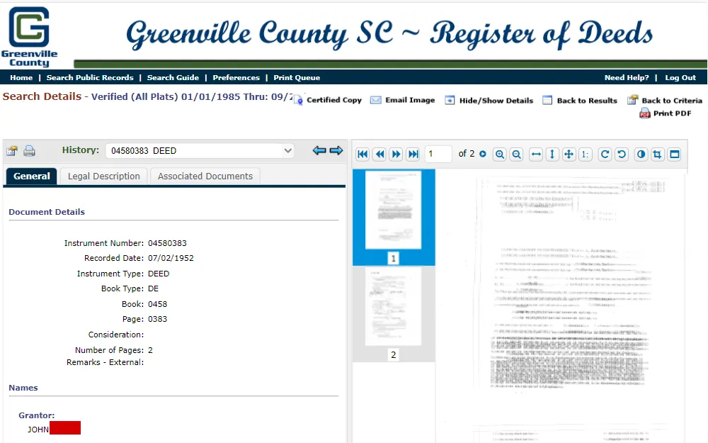 A screenshot of the search tool used to locate both current and historical property documents.