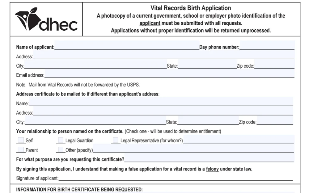A screenshot of the form used to obtain birth document in Greenville County.