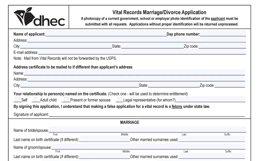 A screenshot of the form used to obtain marriage or divorce document in Greenville County.