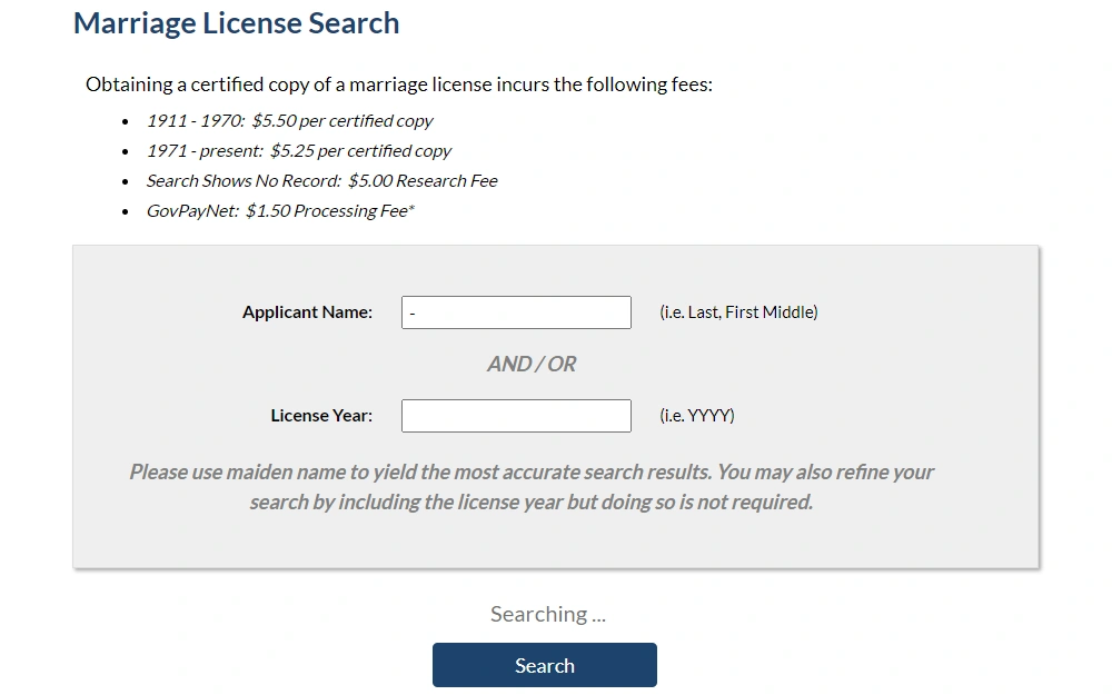 A screenshot of the marriage license search of Greenville County showing the fields provided for name and license year and the fees applicable.