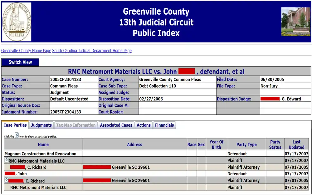 A screenshot of legal case index showing a civil court case listing, detailing the case number, type, status, parties involved, and dates of filing and judgment, set within the 13th Judicial Circuit Public Index interface.