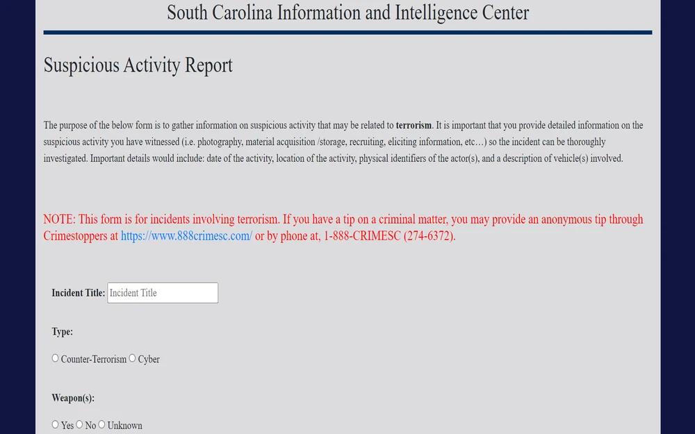 A screenshot form for reporting suspicious behavior, with sections to detail the type of incident, whether weapons were involved, and specific behaviors observed, alongside instructions for reporting and a note regarding its focus on incidents related to national safety.