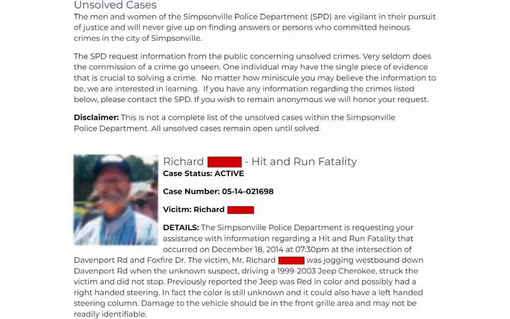 A screenshot of public request for information on a hit and run case involving a victim named Richard Hurley, with details about the incident and an appeal for assistance in bringing justice for the victim's family.