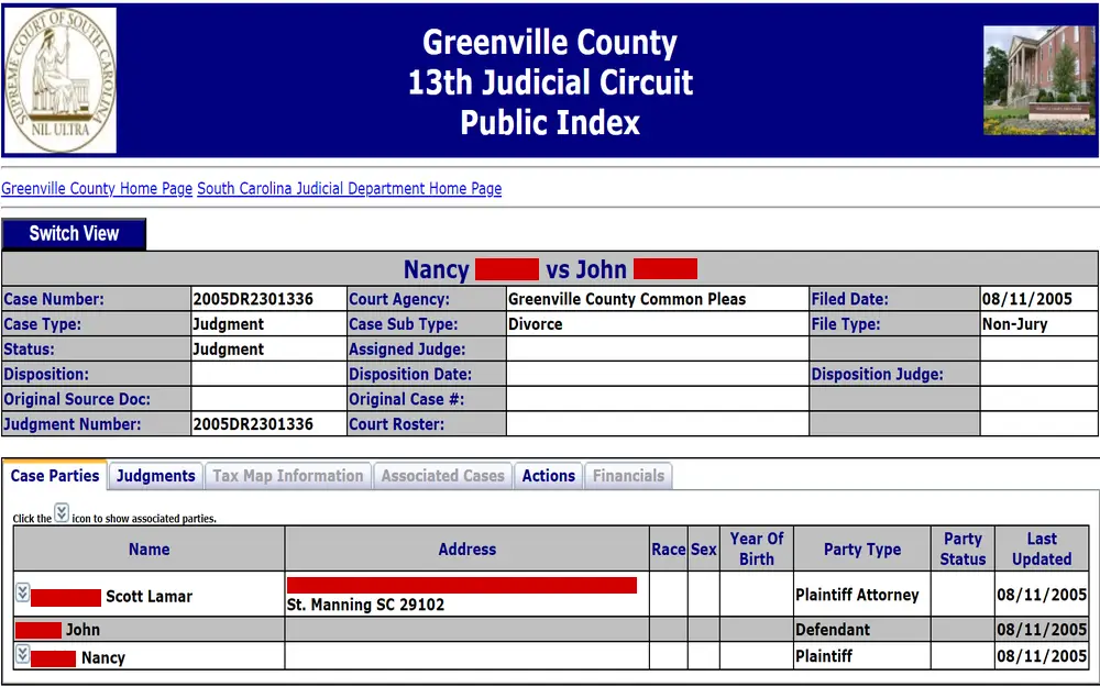 A screenshot from the South Carolina Supreme Court showing the details of a specific case involving a judgment for divorce, including the case number, court agency, parties involved, and their attorneys, with tabs for additional case-related information.