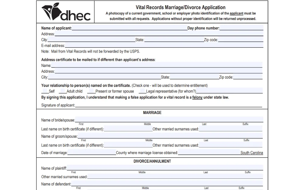 A screenshot of an application form from the South Carolina Department of Health and Environmental Control requesting marriage or divorce records, requiring personal details, the relationship to the person(s) named on the certificate, and specific information about the bride, groom, and any court proceedings.